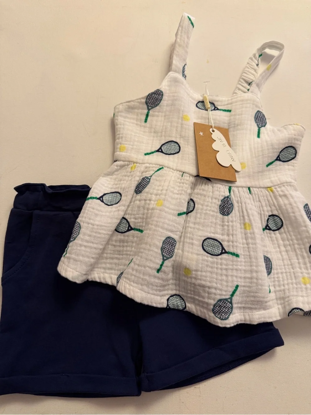 Angel Dear White Tennis Racket Peplum Top & Navy Shorts Set
